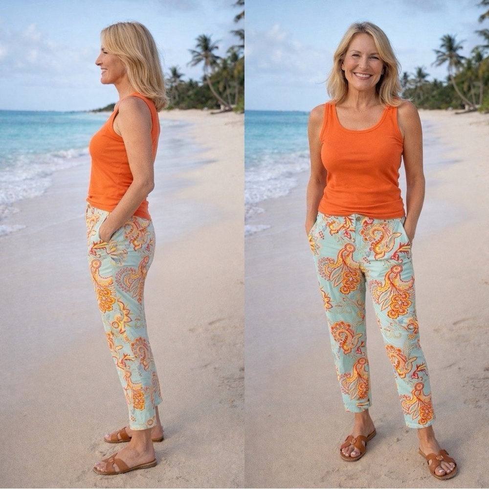J.MCLAUGHLIN Mid Rise Patterned Teal Slim Cotton Pants Sz 10